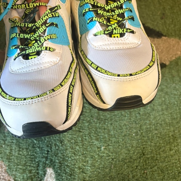 Nike Kids Air Max 90 SE White Blue Neon Green Sneakers - Picture 7 of 11